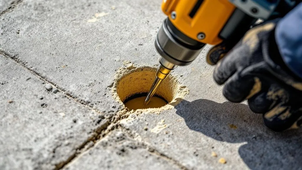 Foam injection gun nozzle inserted in a 5/8 inch drilled hole in concrete