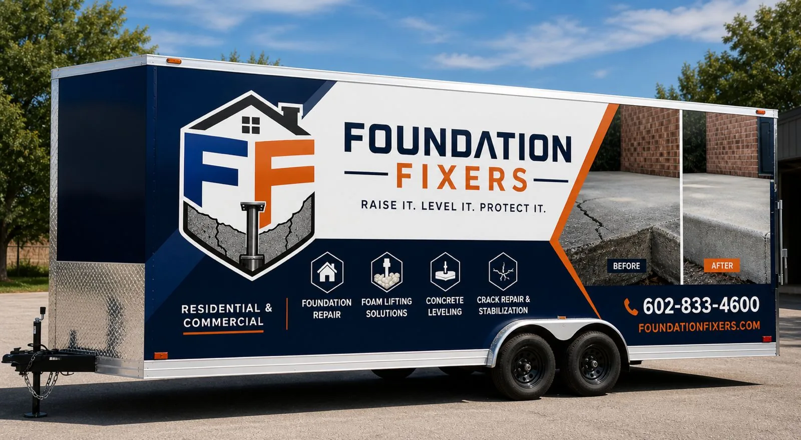 Foundation Fixers branded service trailer — Foundation Repair, Foam Lifting Solutions, Concrete Leveling, Crack Repair & Stabilization
