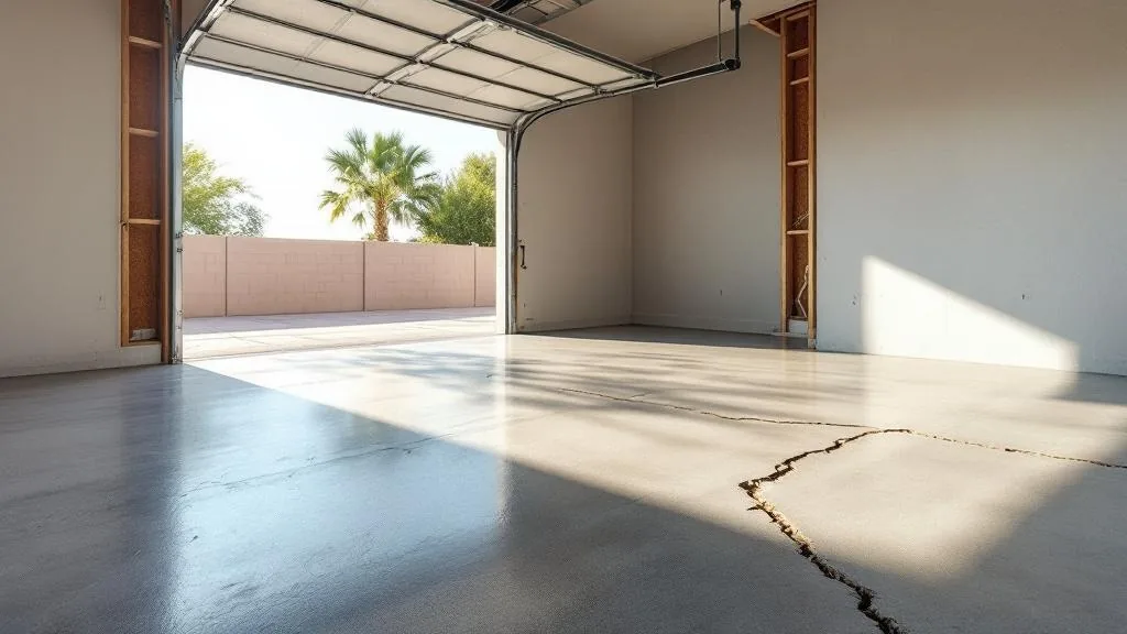 Glendale Arizona garage floor with concrete settlement and visible cracking