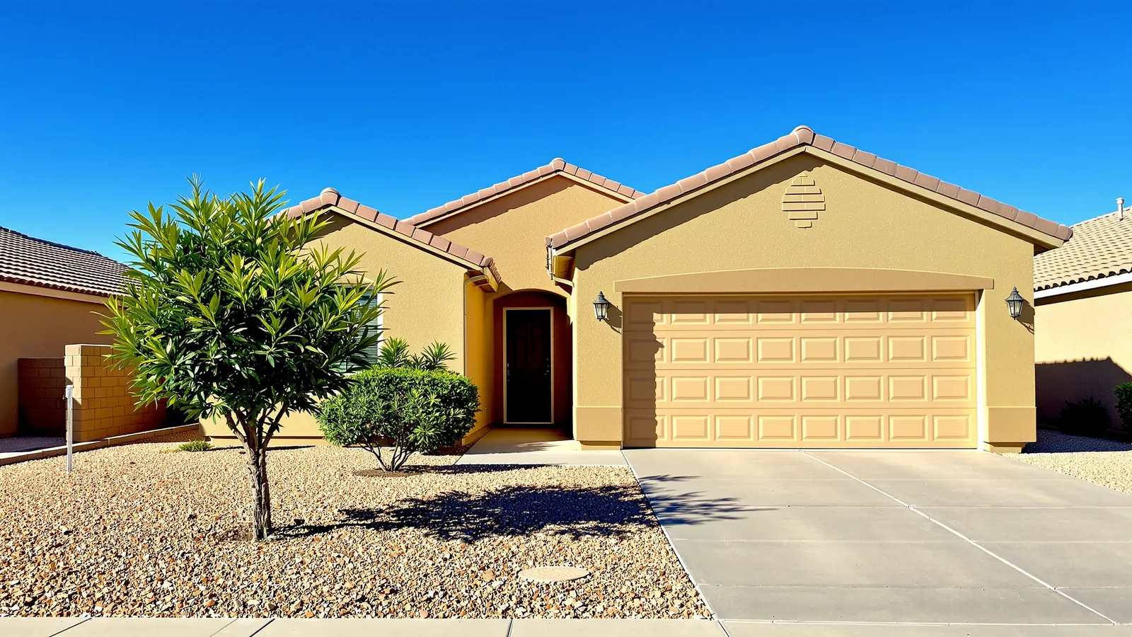 Well-kept single-story stucco home with a level concrete driveway and desert landscaping