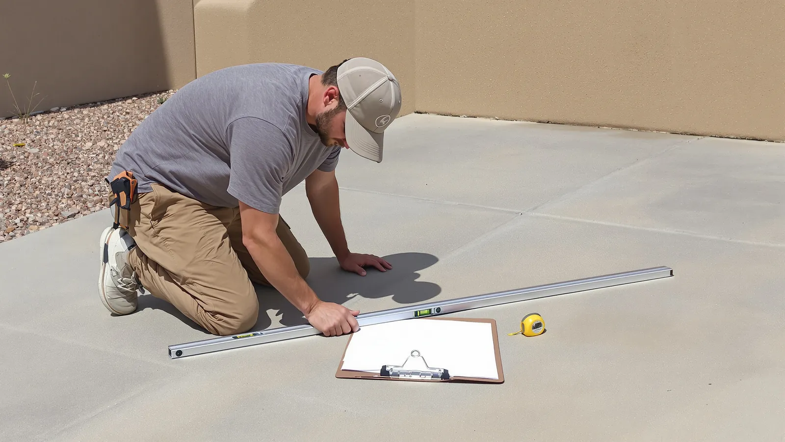 Technician checking a concrete slab for level with a long spirit level and clipboard