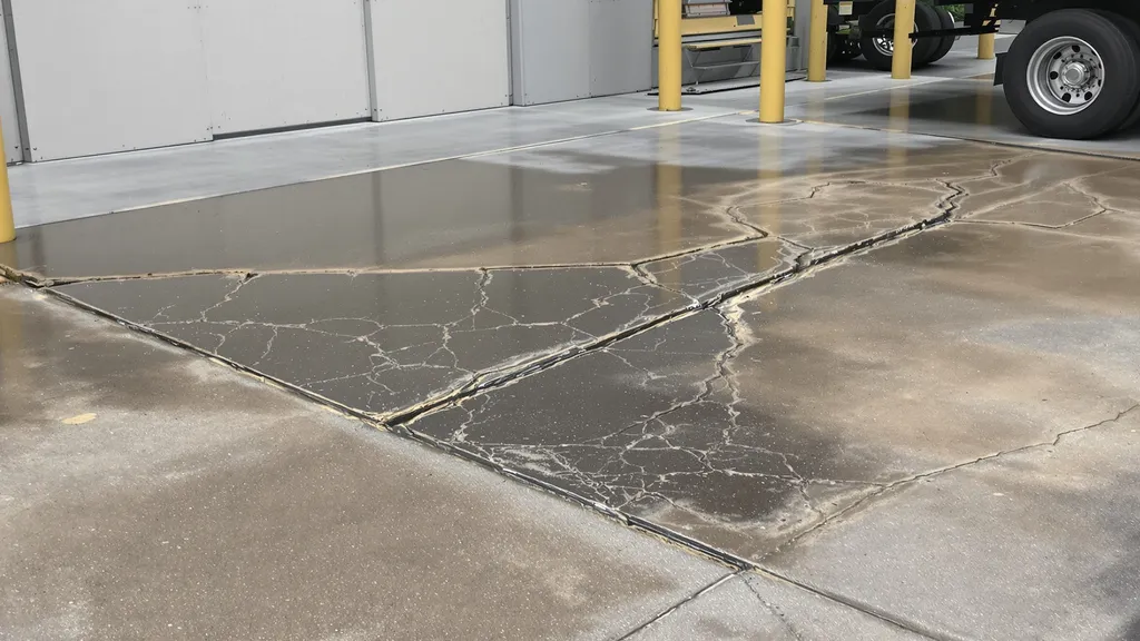 Cracked and settled concrete approach slab at a warehouse loading dock