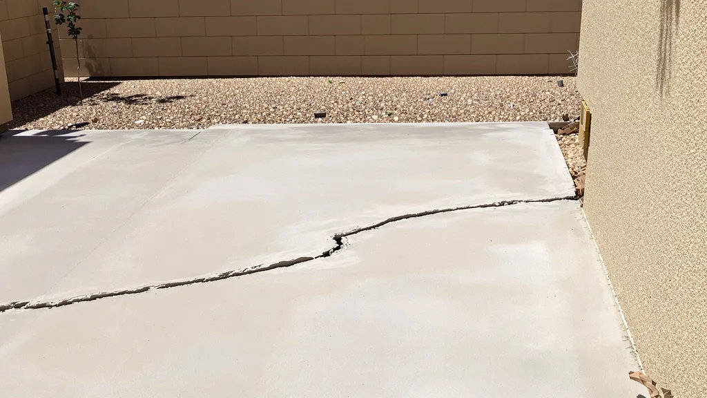 Backyard patio slab with a settlement crack where one section has sunk along the house wall